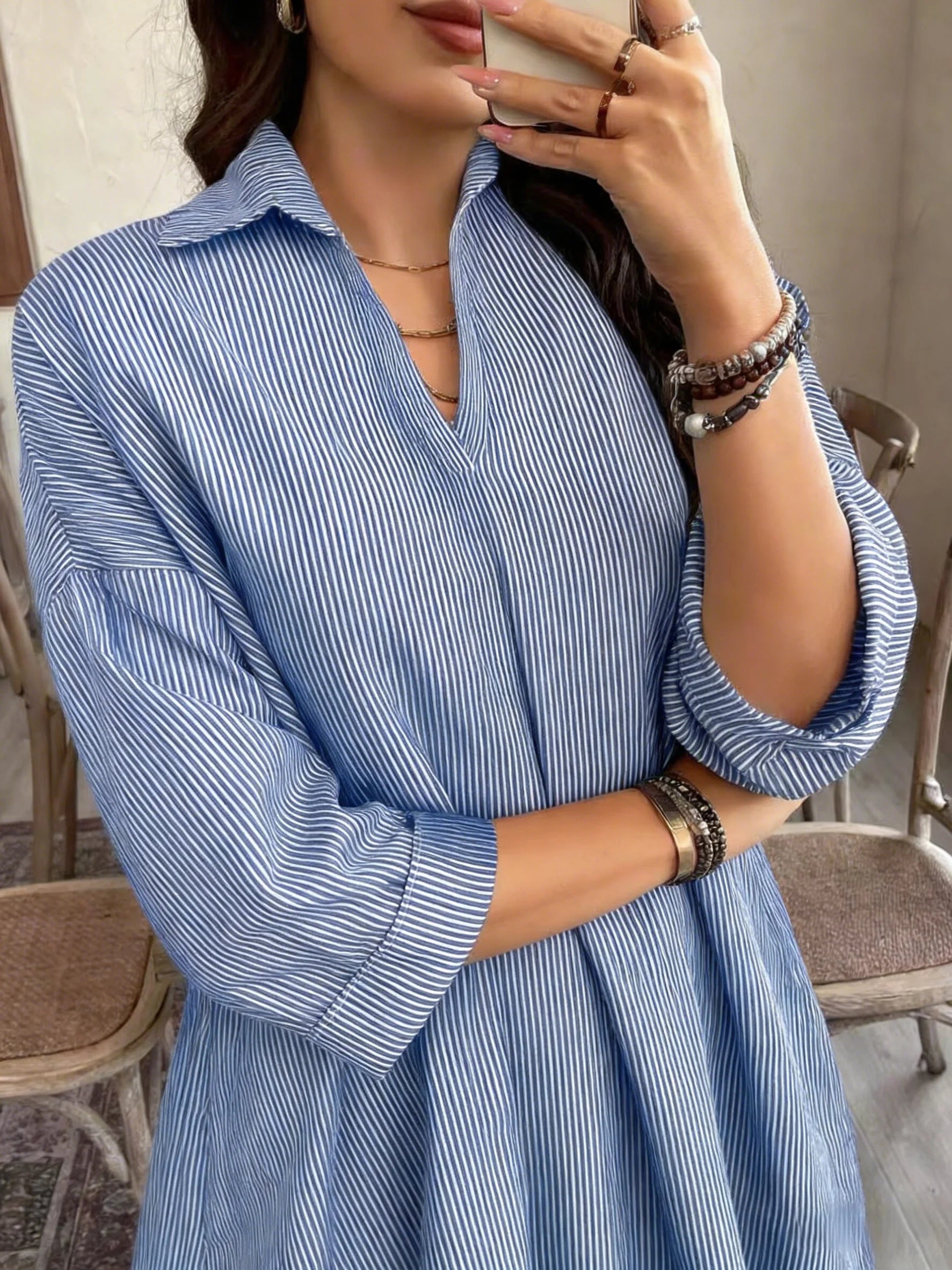 Spring Summer New Loose Striped Fashionable Shirt Collar Printed Women's Dress Elegant Casual Maxi Gown for Women - Kimlud