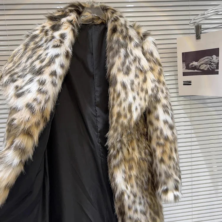 Women Faux Fur Long Coats Jackets Turn Down Collar Leopard Print Coat Thick Warm Y2k Streetwear Jacket Outerwear Autumn Winter