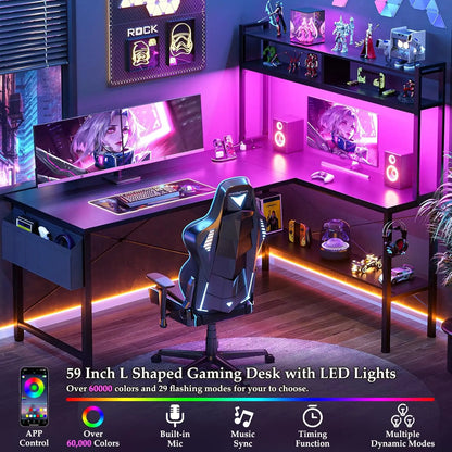 59" L-Shaped Gaming Desk with LED Lights & Power Outlets, Reversible Corner Computer Desk for Home Office & Gamers