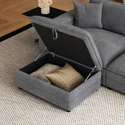 U-Shaped Sectional Sofa Ottoman Storage Armrest USB Ports Spring Cushion Solid Wood Chenille Living Room 115", Customized - Kimlud