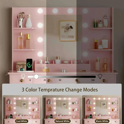 Vanity Desk with Mirror and Lights,Pink Makeup Vanity with Charging Station & Vanity Stool, 3 Drawers and Cabinets White Vanity