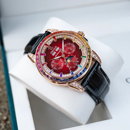OBLVLO Men's Classic Watch with Colorful Diamonds Bezel Red Dial Mechanical Automatic Moonphase Multifunction Leather Strap GCM-MUT