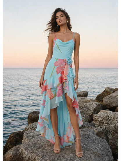 Sexy Spaghetti Strap Floral Printed Split Ruffles Long Dress Women Sleeveless Backless 3D Flower Dresses Summer Holiday Party