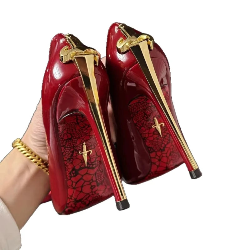 Super fiber leather women's power sword high heels, authoritative and sexy queen style snake patterned red soled shoes |...