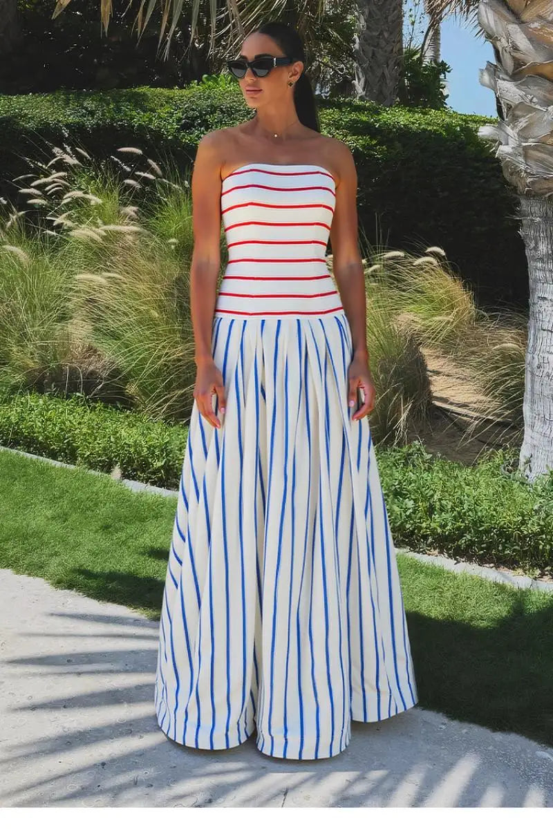 Women Bandeau Dresses Flaxmaker Sexy Off The Shoulder Sexy Striped Print Sling Maxi Dress Beach Sundress 2025 | Kimlud...
