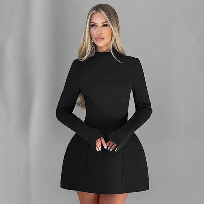 Women's New in dress novelty 2025 long sleeve Short dresses elegant party Casual Simple solid white black fashion Backless skirt - Kimlud