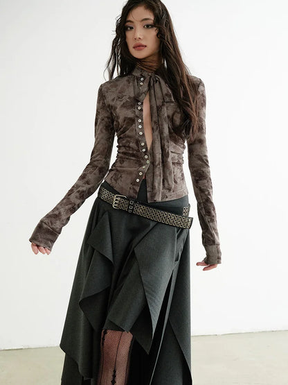[EAM] High Waist Dark Gray Cut Style Burr Irregular Slit Half-body Skirt Women Fashion Tide New Spring Autumn 2026 1DH9336