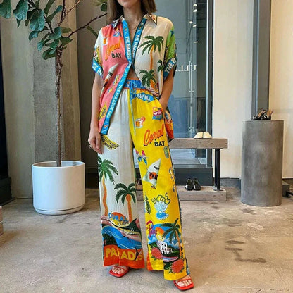 Long Sleeve Long Pant Sets Women  Retro Lapel Single Breasted Blouses Trousers 2 Piece Set Printed Color-blocking Elastic Waist