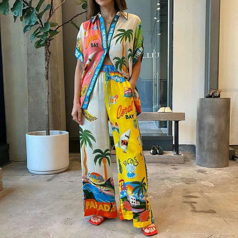 Long Sleeve Long Pant Sets Women  Retro Lapel Single Breasted Blouses Trousers 2 Piece Set Printed Color-blocking Elastic Waist