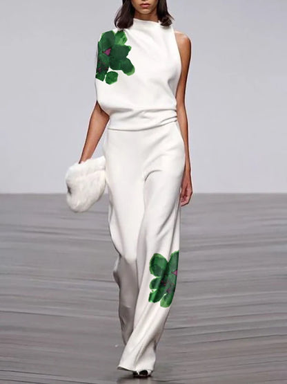Yeezzi Women Floral Printed 2 Piece Sets High Neck One-shoulder Asymmetric Vest Tops & High Waisted Straight Leg Pants 2025 New - Kimlud