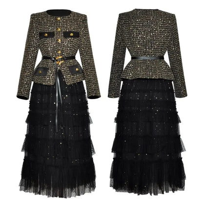 DSXDFACAIRIJ Women's Plaid Jacket And Mesh Ruffle Skirt Two Piece Set O-Neck Long Sleeve Sashes Elastic Waist Office...