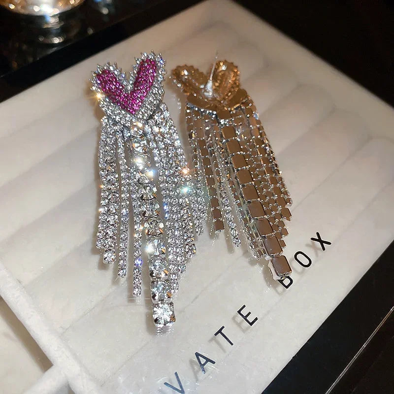 Fashion Long Tassel Rhinestone Drop Earrings for Women Pink  Heart Crystal Dangle Earrings Statement Jewelry