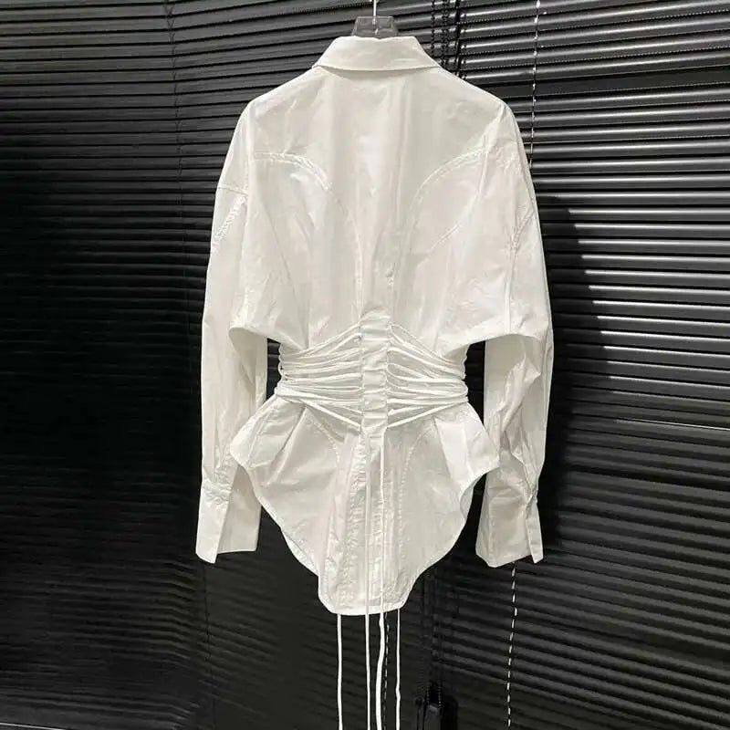 DEAT Fashion Women's Waist Strap Shirt For Women Niche Design Solid Color Long Sleeve Shirt Top Female 2024 Autumn New 11A01701