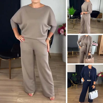 Pant Set Women Three Piece Sets Round Neck Full Sleeve Tops Mid Length Coats Wide Leg Long Pants High Waist Y2k Work 2025