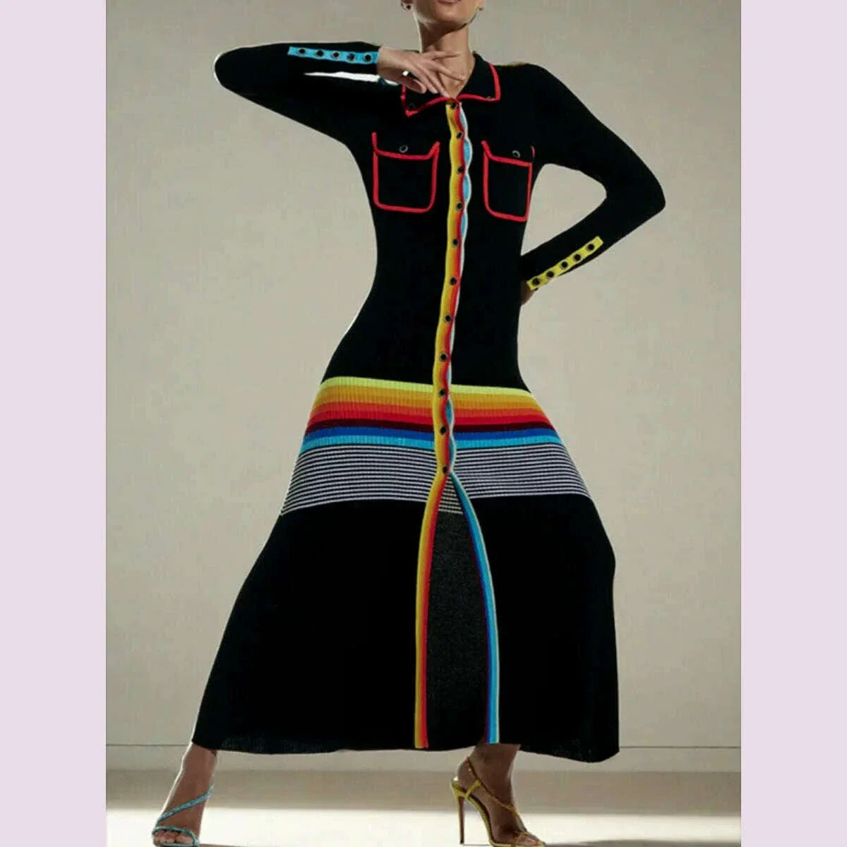 Freeacy Women's Colorful Striped Skinny Dress Lapel Neck Long Sleeves Single-breasted Ankle-Length Dress Autumn Women's Clothing