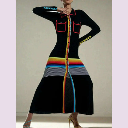 Freeacy Women's Colorful Striped Skinny Dress Lapel Neck Long Sleeves Single-breasted Ankle-Length Dress Autumn Women's Clothing