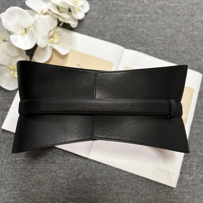 Minimalist Style Leather Belt with Hook & Loop Fastening, Wide Genuine Leather Women's Belt, Black Texture Wide...