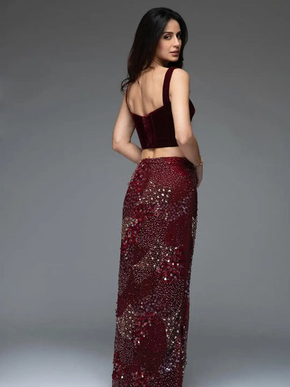 Ofherown New Burgundy Two-Piece Evening Dress Velvet Corset Top Sequin Beaded Mermaid Skirt Formal Prom Gown for Gala Party Prom
