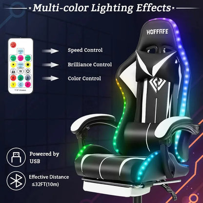 Ergonomic Gaming Chair with Built-in Speakers and RGB LED Lights Adjustable Footrest High Back Support Massage Function Lumbar