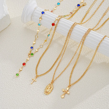 4Pcs/Set Cross Colorful Crystal Necklaces For Women Simple Gold Silver Color Y-Shaped Pendant Necklace Set New Christian Jewelry