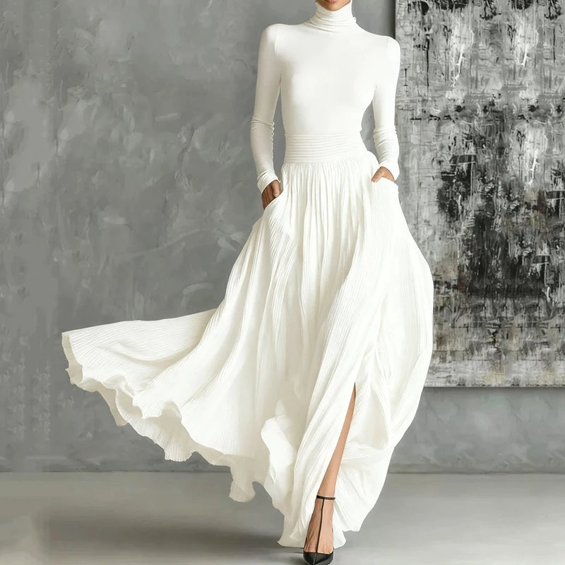 France Elegant Two Piece Skirt Set for Women's Pockets Solid Minimalist Split Hem Pleated A Line Vintage Turtleneck Slim...