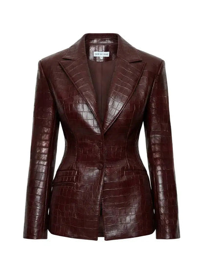 IG Women Burgundy Croc Faux Leather 2 Piece Suit Set Notched Lapel Slim Blazer Jacket High Waist Midi Pencil Skirt...
