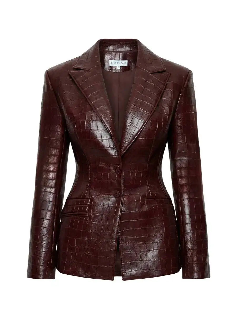 IG Women Burgundy Croc Faux Leather 2 Piece Suit Set Notched Lapel Slim Blazer Jacket High Waist Midi Pencil Skirt...