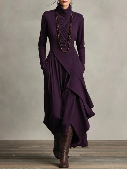 Vintage Irregular Cross Dress for Women Long Sleeve Solid Turtleneck Simple Fashion Casual Spring Holiday Long Dresses - Kimlud