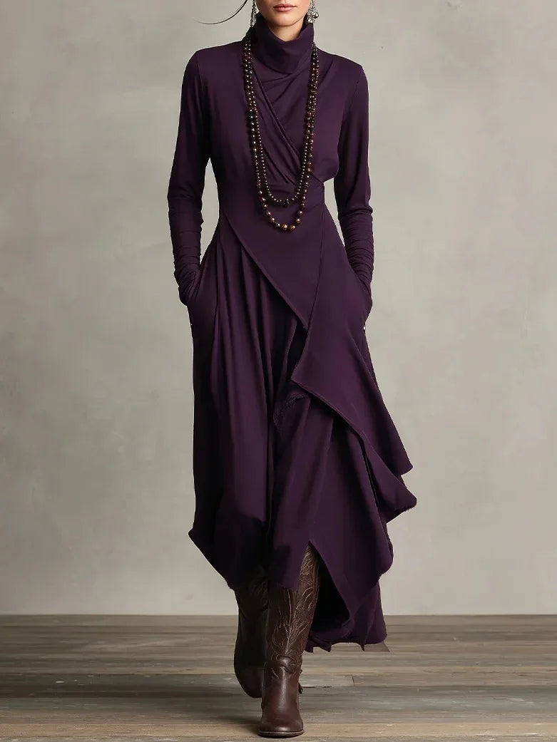 Vintage Irregular Cross Dress for Women Long Sleeve Solid Turtleneck Simple Fashion Casual Spring Holiday Long Dresses - Kimlud