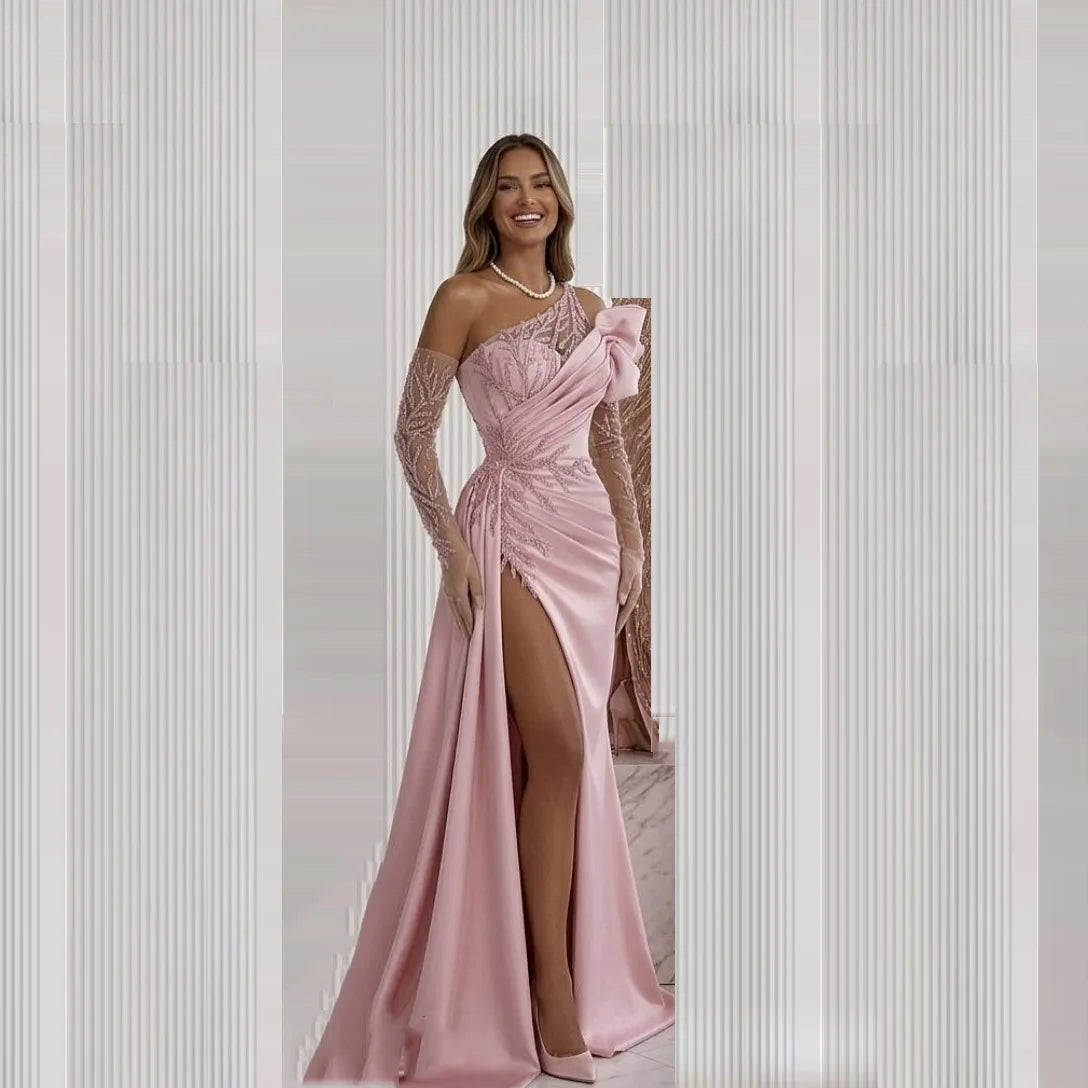 Pink Off Shoulder Mermaid Evening Dresses with Gloves Beading Gorgeous Prom Gowns Side Split Long Formal Dress Customized - Kimlud