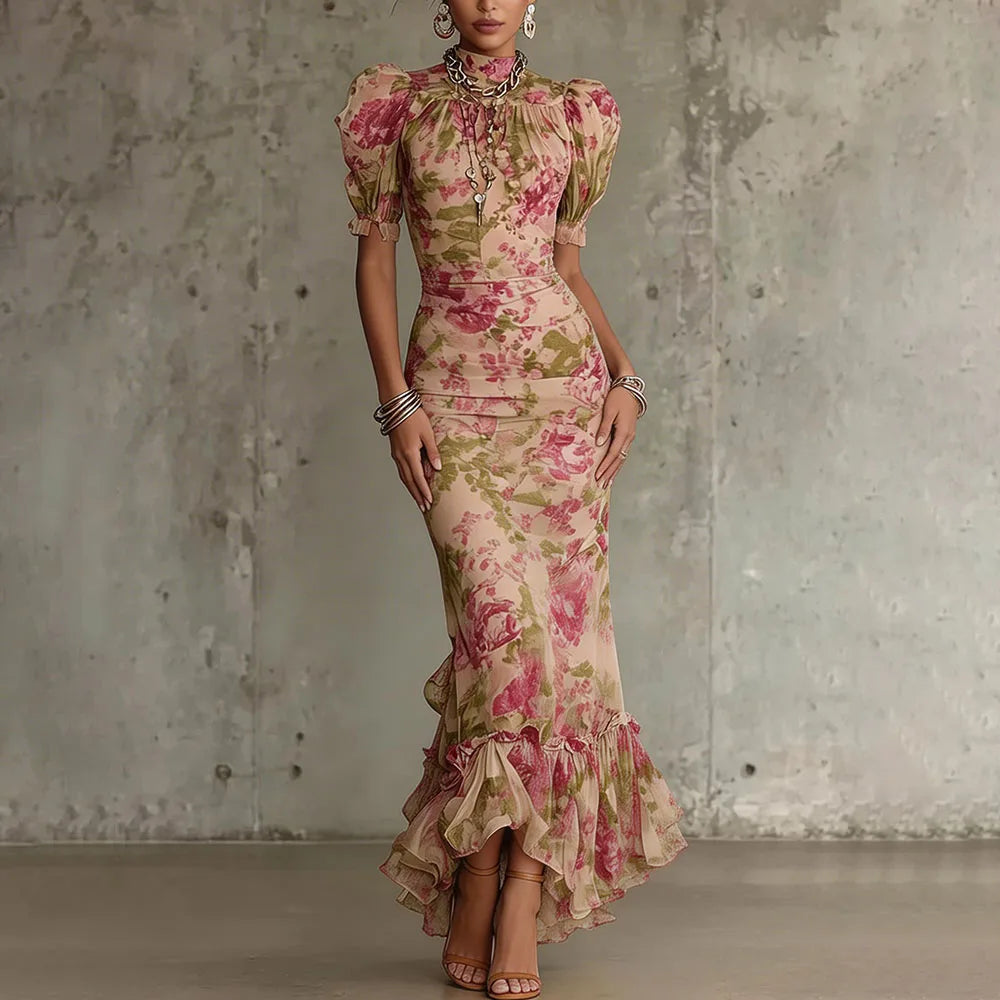 Sexy Bodycon Floral Long Dresses For Women Summer 2026 Fashion Short Sleeve O-neck Slim Maxi Dresses Elegant | Kimlud...