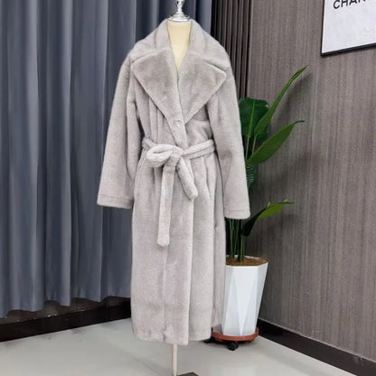 Tuularose Faux Fur Long Coat Women's Lace-up Thickened Long Fur Coat Jacket 2025 Winter Fluffy Plush Warm Lapel Vintage...