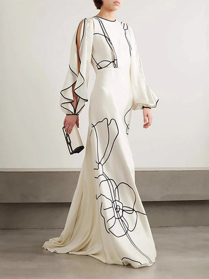 2026 Spring Summer Ruffled Flared Women Dress Boho High Waisted Casual Color Block Dress Hollowed Out Long Sleeve Holiday Dress