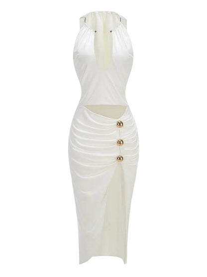Sexy Sleeveless Halter V Neck Folds Maxi Dresses Women White Backless Buttons Hollow Out Split Slim Dress Evening Party...