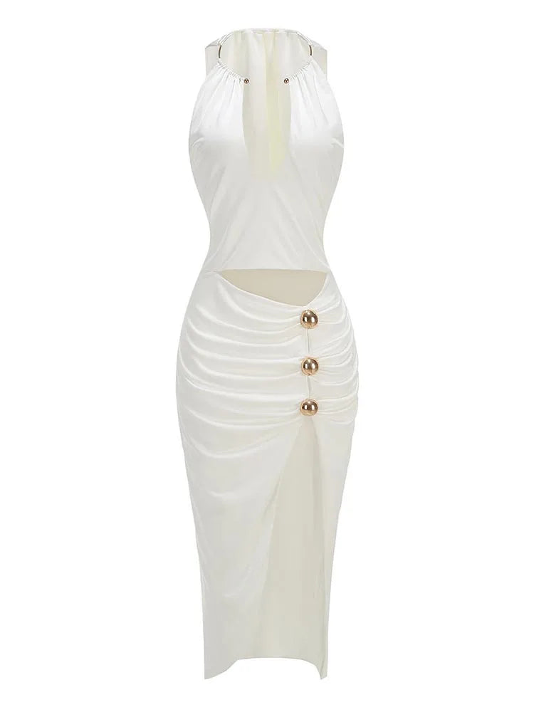 Sexy Sleeveless Halter V Neck Folds Maxi Dresses Women White Backless Buttons Hollow Out Split Slim Dress Evening Party...