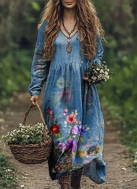 Boho Vintage Print Long Dresses For Women 2025 Casual V Neck Full Sleeve Splice High Waist Loose Dress Autumn Fashion Vestidos - Kimlud