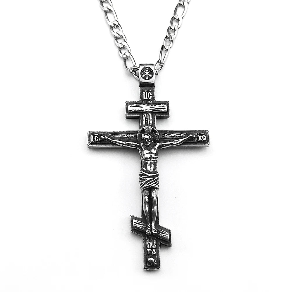 Vintage Orthodox Jesus Cross Pendant Necklace for Women Men Silver Color Stainless Steel Crucifix Baptism Hip Hop Chain Jewelry