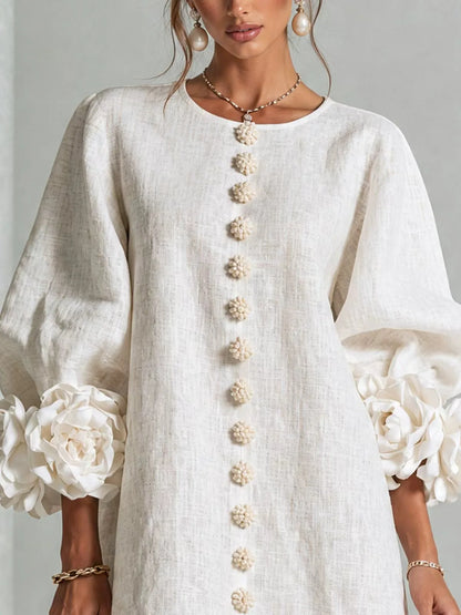 French-style Three-dimensional Flower Lantern Sleeve Cotton-linen Dress with a Round Neck, Single Button Closure, Loose Fit, and