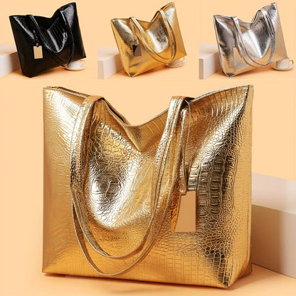 Vintage Women's Tote Bag, Large Capacity Handbag Shoulder Bag with Zipper Closure, Metallic Finish Handbags for Work, Parties