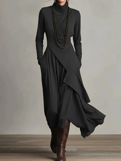 Spring Autumn Long Sleeve Solid Party Dress, Women Holiday Turtleneck Simple Irregular Dress, New Fashion Patchwork Ladies Dress