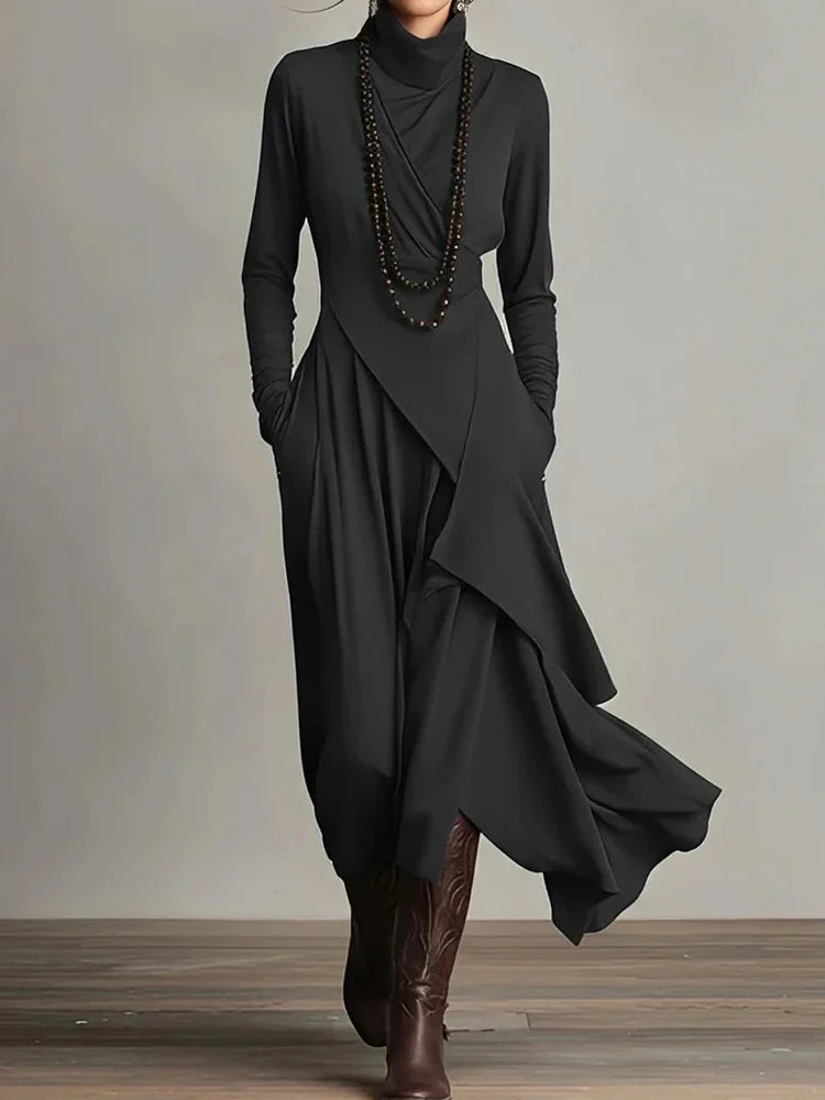 Spring Autumn Long Sleeve Solid Party Dress, Women Holiday Turtleneck Simple Irregular Dress, New Fashion Patchwork Ladies Dress