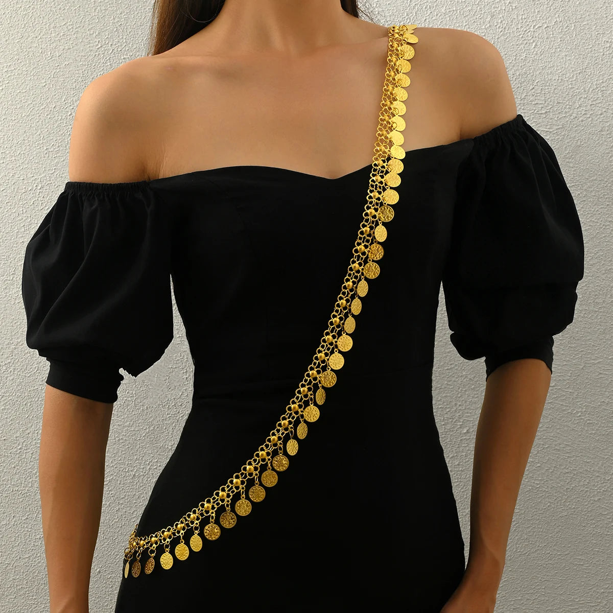 Golden Tassel Shoulder Chain Necklace Arab Kurdish Style Leaf Coin Pendant Fashion Accessory for Dresses Personality Decoration