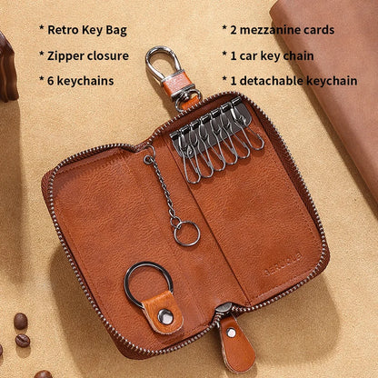 Men'S Key Holder with 2 Card Slots + 1 ID Key Clip + 6 Key Rings + 1 Car Key Chain, Genuine Leather Large Capacity Multi-Car