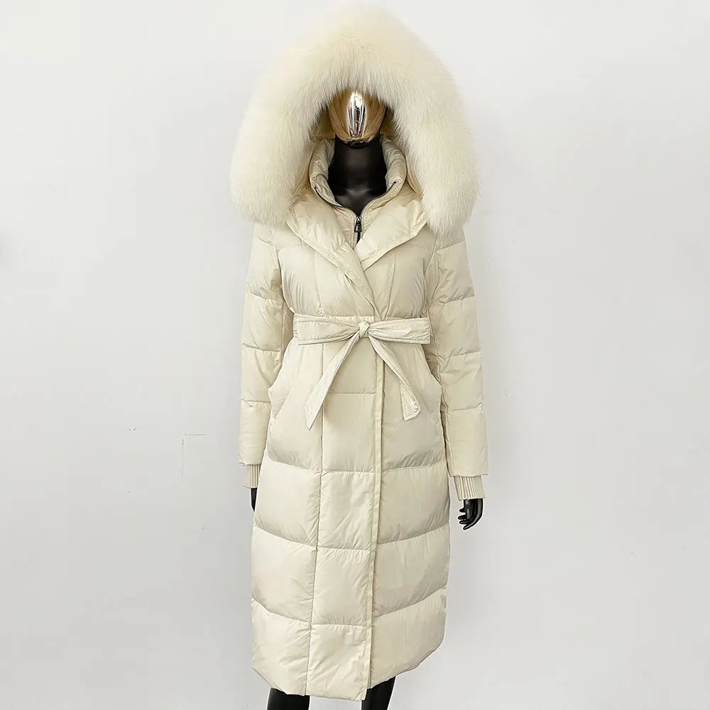 CXFS New Real Raccoon Fox Fur Collar Hooded Natural Long Winter Jacket Women 90 White Duck Down Coat Thick Warm Casual Outerwear