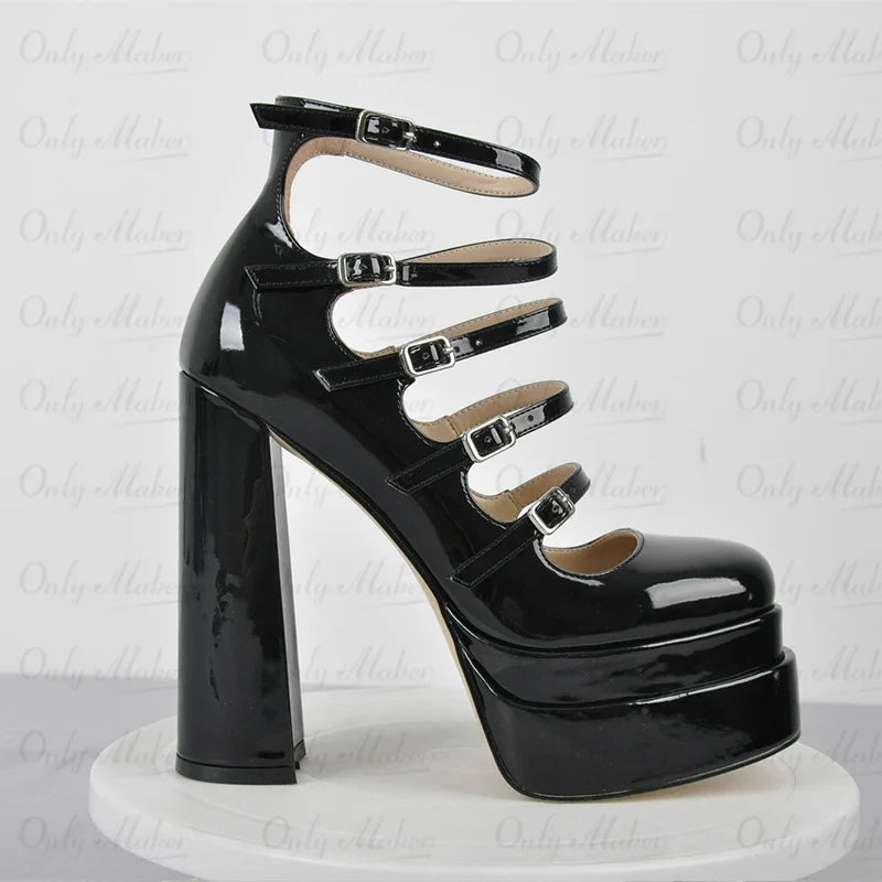 Onlymaker Women Buckle Strap Platform Pumps Black Patent Leather Cross-tied Square Toe Fashion Party Thick High Summer...