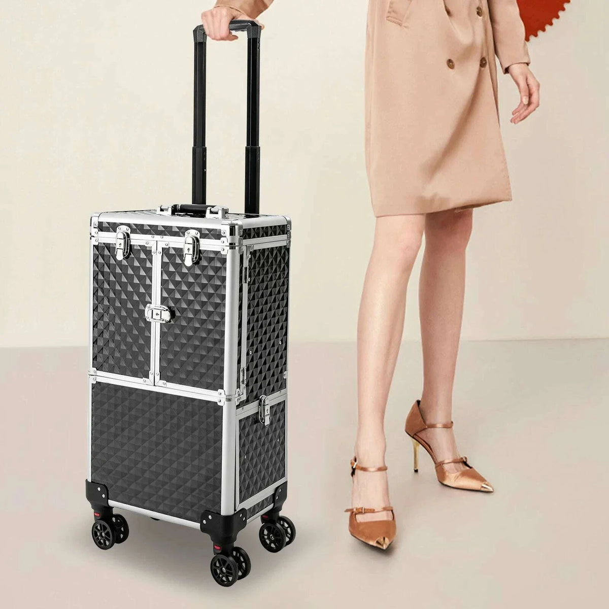 Multi-tier Rolling Makeup Case, Heavy-duty ABS and Fiberboard Construction, Ergonomic Handle, Perfect for Hairstylists