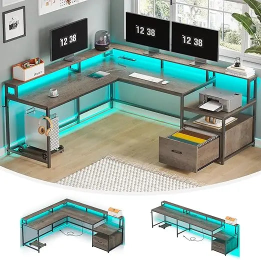 Office Desk with Wood File Drawer & Power Outlet,Gaming Desk with Led Lights,Corner Computer Desk with Monitor Shelf,Customized - Kimlud