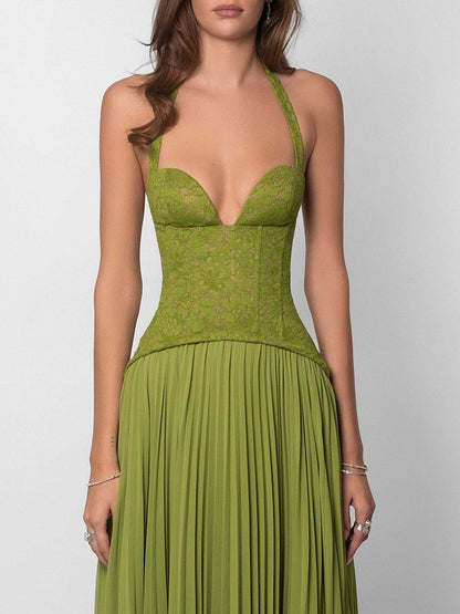 Sexy Halter Neck Lace Corset Pleated Maxi Dress Women Green Sleeveless Backless Lace-up A-line Long Dresses Evening...