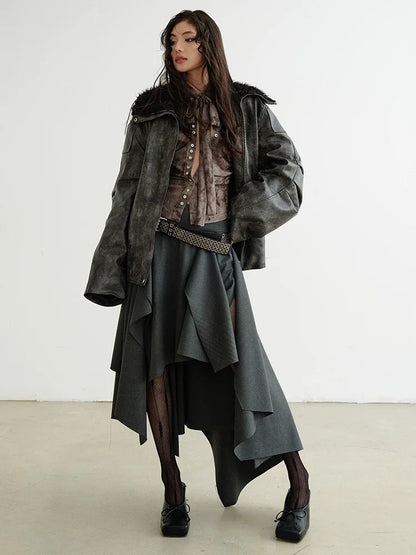 [EAM] High Waist Dark Gray Cut Style Burr Irregular Slit Half-body Skirt Women Fashion Tide New Spring Autumn 2026 1DH9336