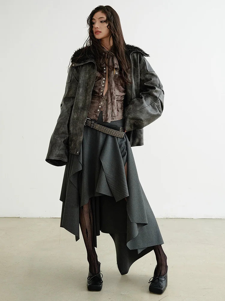 [EAM] High Waist Dark Gray Cut Style Burr Irregular Slit Half-body Skirt Women Fashion Tide New Spring Autumn 2026 1DH9336
